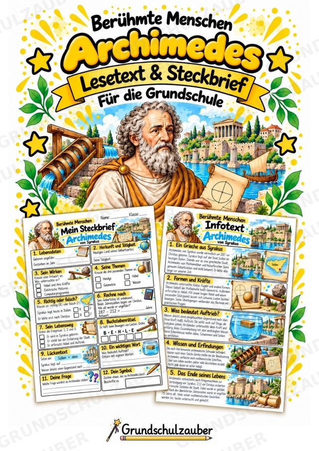 Archimedes – Steckbrief & Infotext für die Grundschule | Berühmte Persönlichkeiten | Sachunterricht – Cover