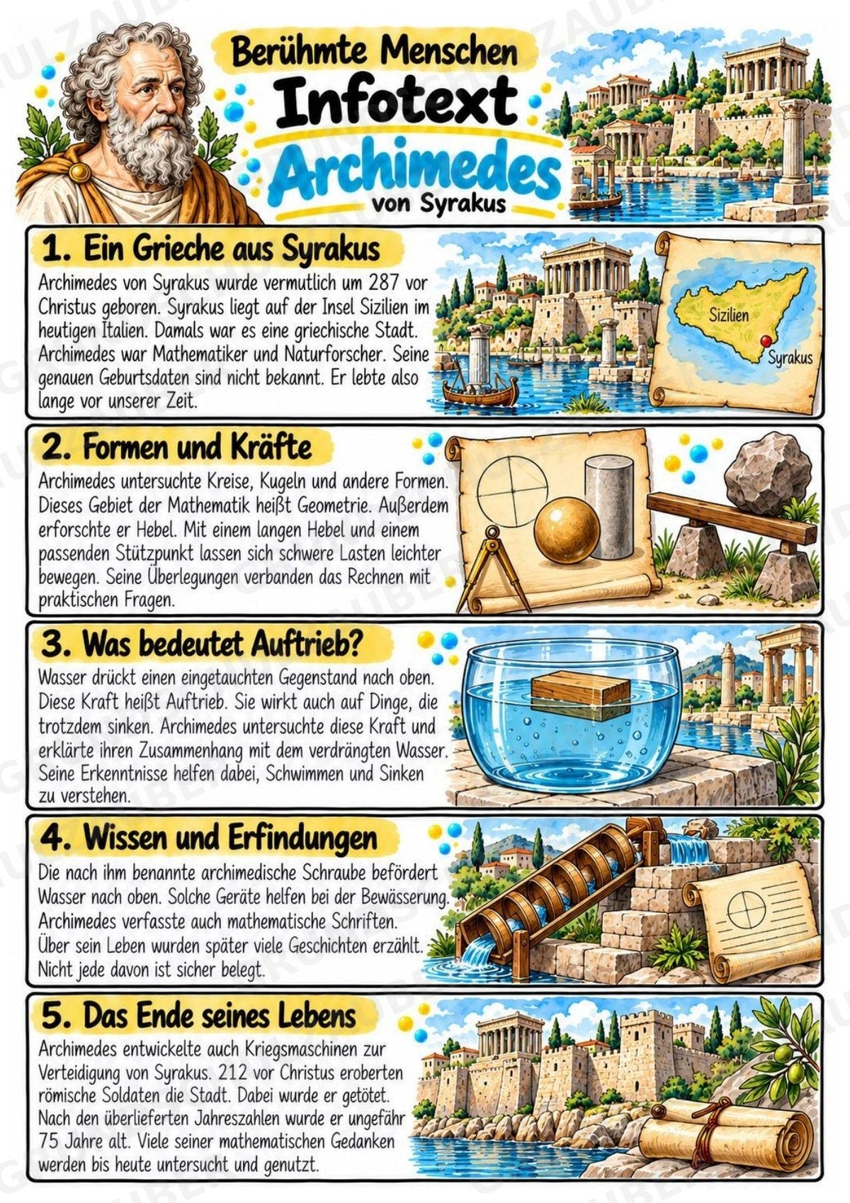 Archimedes – Steckbrief & Infotext für die Grundschule | Berühmte Persönlichkeiten | Sachunterricht – Materialseite 2