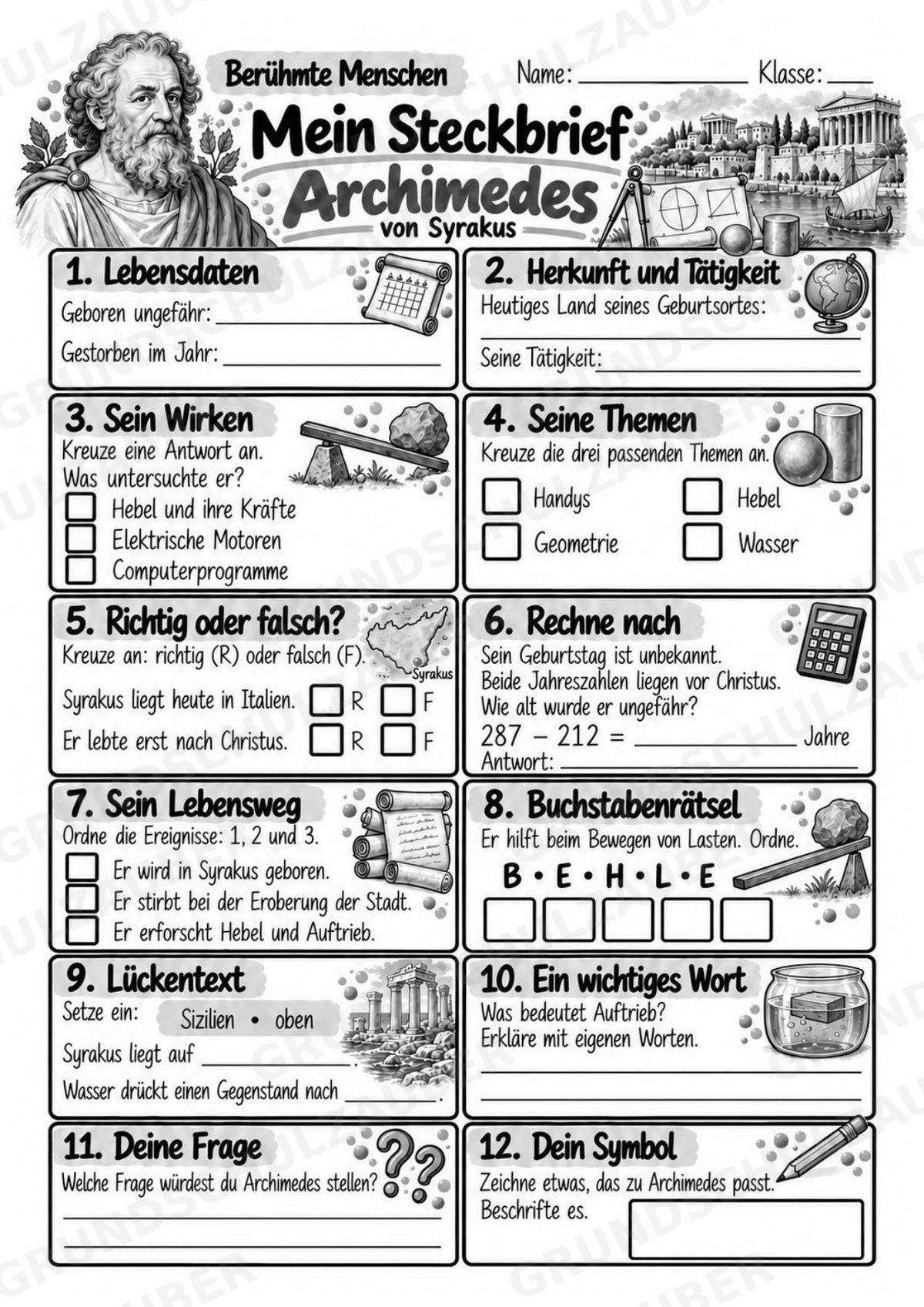 Archimedes – Steckbrief & Infotext für die Grundschule | Berühmte Persönlichkeiten | Sachunterricht – Materialseite 4