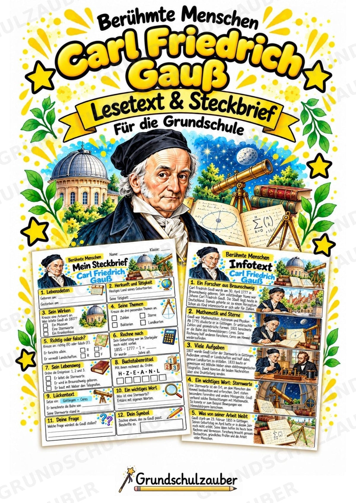Carl Friedrich Gauss – Steckbrief & Infotext für die Grundschule | Berühmte Persönlichkeiten | Sachunterricht – Cover
