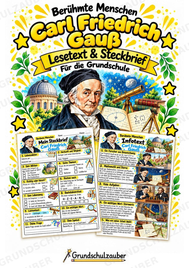Carl Friedrich Gauss – Steckbrief & Infotext für die Grundschule | Berühmte Persönlichkeiten | Sachunterricht – Cover