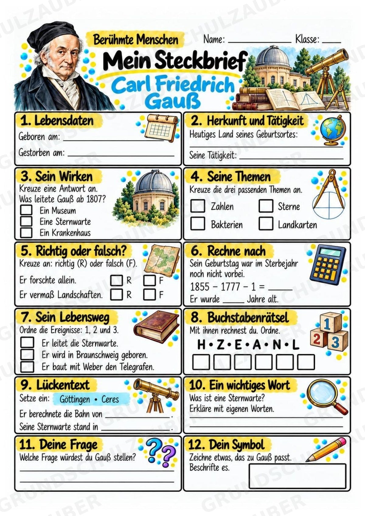 Carl Friedrich Gauss – Steckbrief & Infotext für die Grundschule | Berühmte Persönlichkeiten | Sachunterricht – Materialseite 3