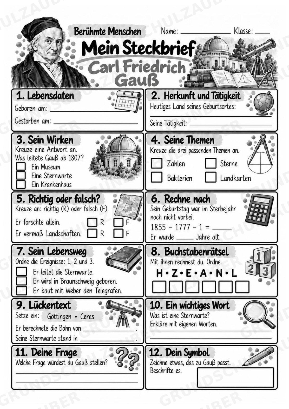 Carl Friedrich Gauss – Steckbrief & Infotext für die Grundschule | Berühmte Persönlichkeiten | Sachunterricht – Materialseite 4