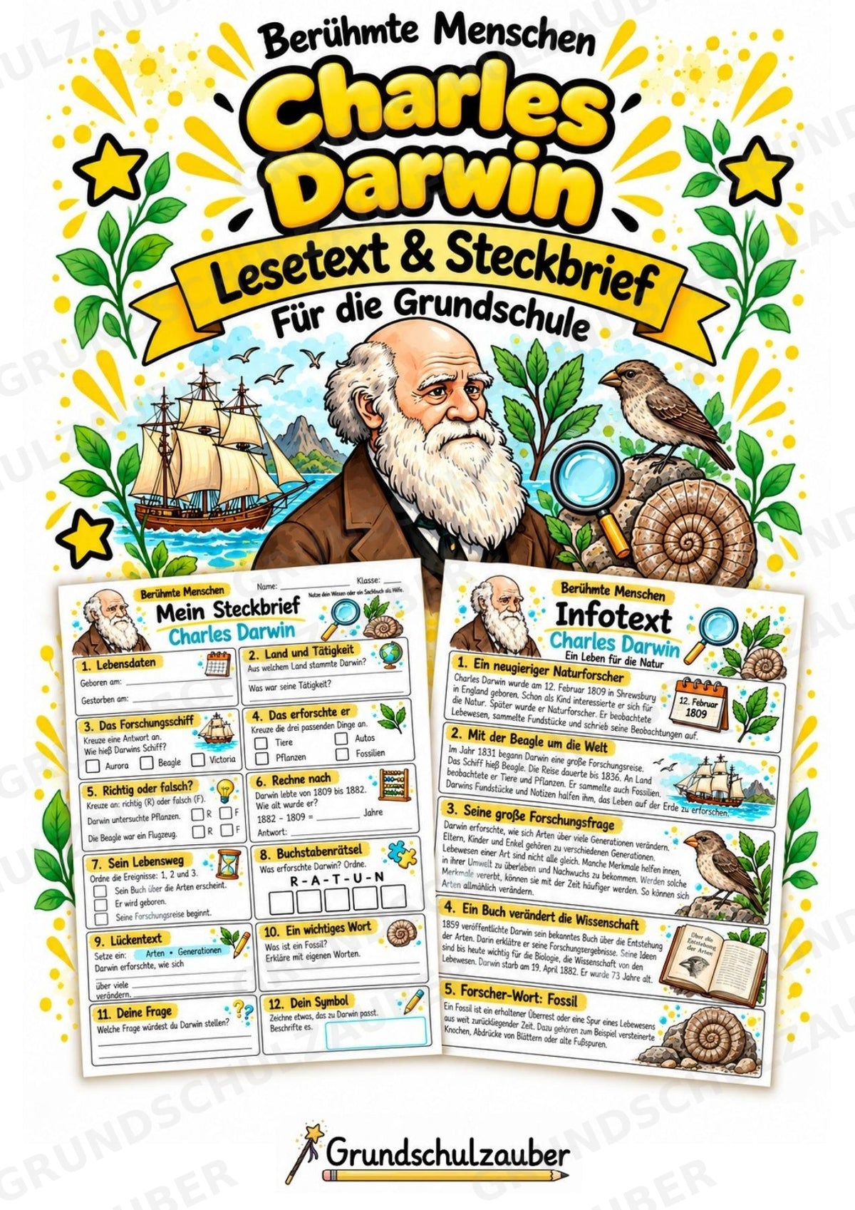 Charles Darwin – Steckbrief & Infotext für die Grundschule | Berühmte Persönlichkeiten | Sachunterricht – Cover