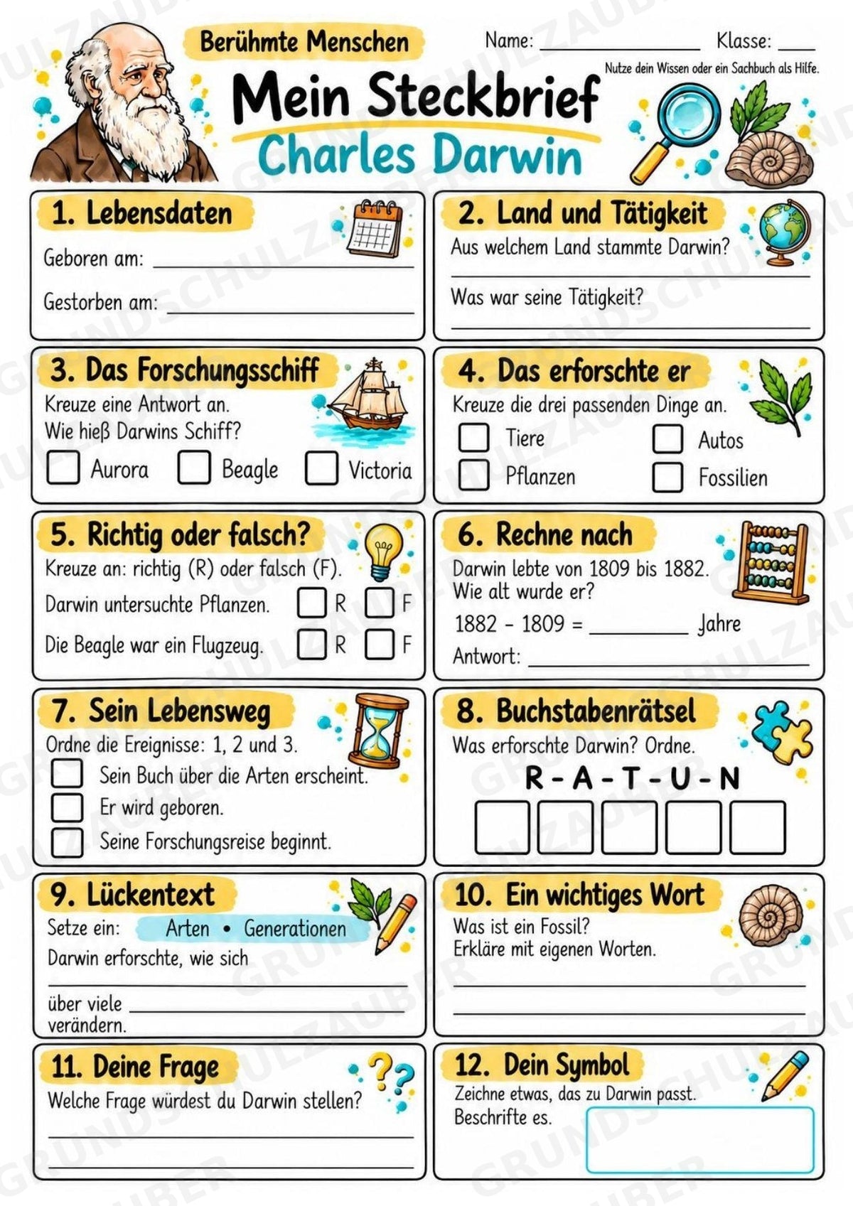 Charles Darwin – Steckbrief & Infotext für die Grundschule | Berühmte Persönlichkeiten | Sachunterricht – Materialseite 3