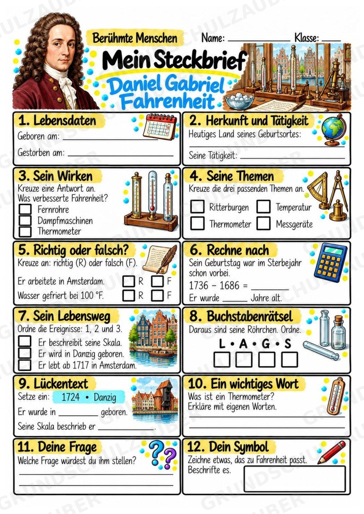 Daniel Gabriel Fahrenheit – Steckbrief & Infotext für die Grundschule | Berühmte Persönlichkeiten | Sachunterricht – Materialseite 3