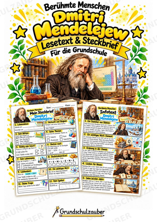 Dmitri Mendelejew – Steckbrief & Infotext für die Grundschule | Berühmte Persönlichkeiten | Sachunterricht – Cover