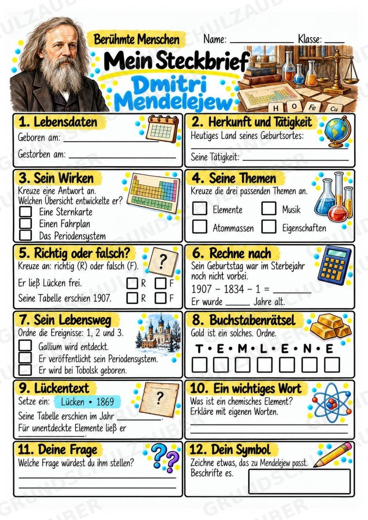 Dmitri Mendelejew – Steckbrief & Infotext für die Grundschule | Berühmte Persönlichkeiten | Sachunterricht – Materialseite 3