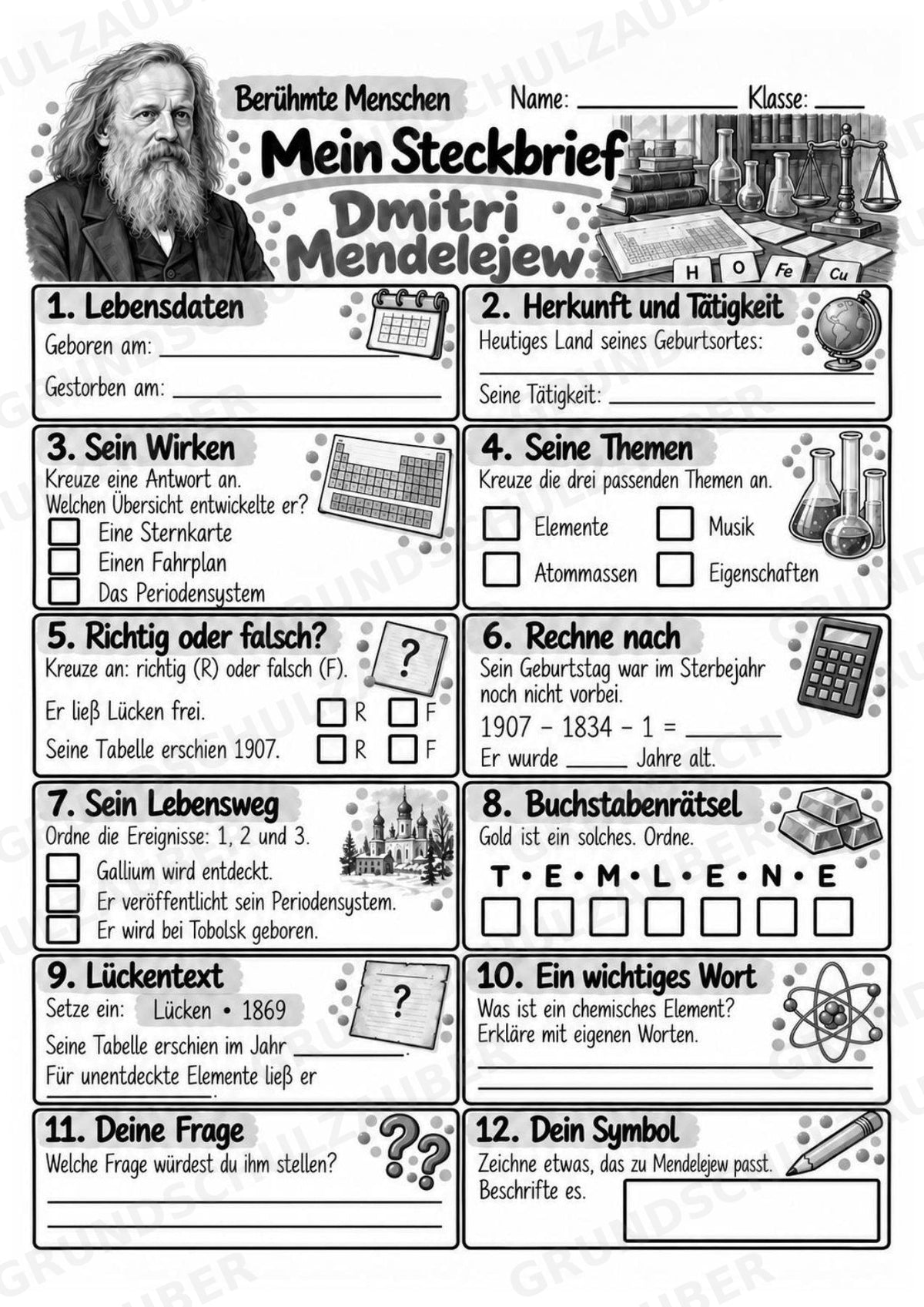 Dmitri Mendelejew – Steckbrief & Infotext für die Grundschule | Berühmte Persönlichkeiten | Sachunterricht – Materialseite 4
