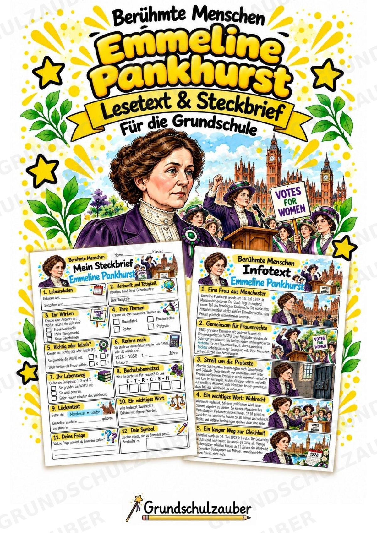 Emmeline Pankhurst – Steckbrief & Infotext für die Grundschule | Berühmte Persönlichkeiten | Sachunterricht – Cover