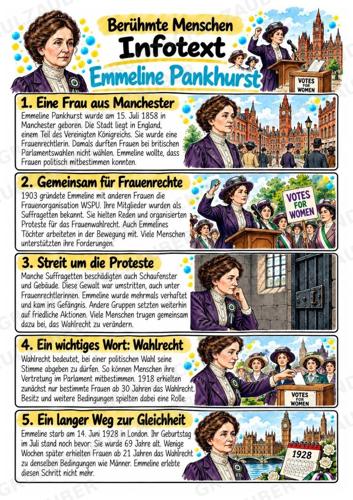 Emmeline Pankhurst – Steckbrief & Infotext für die Grundschule | Berühmte Persönlichkeiten | Sachunterricht – Materialseite 2