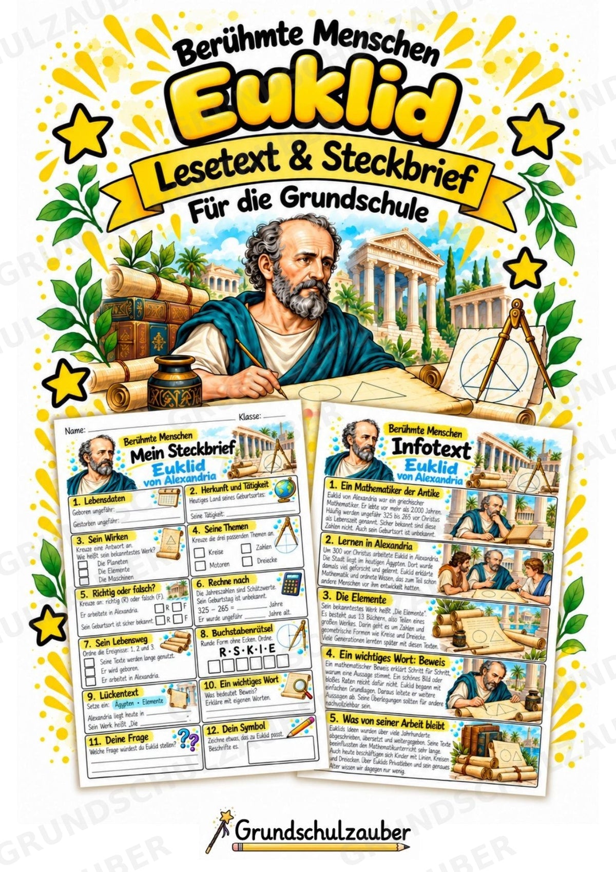 Euklid – Steckbrief & Infotext für die Grundschule | Berühmte Persönlichkeiten | Sachunterricht – Cover