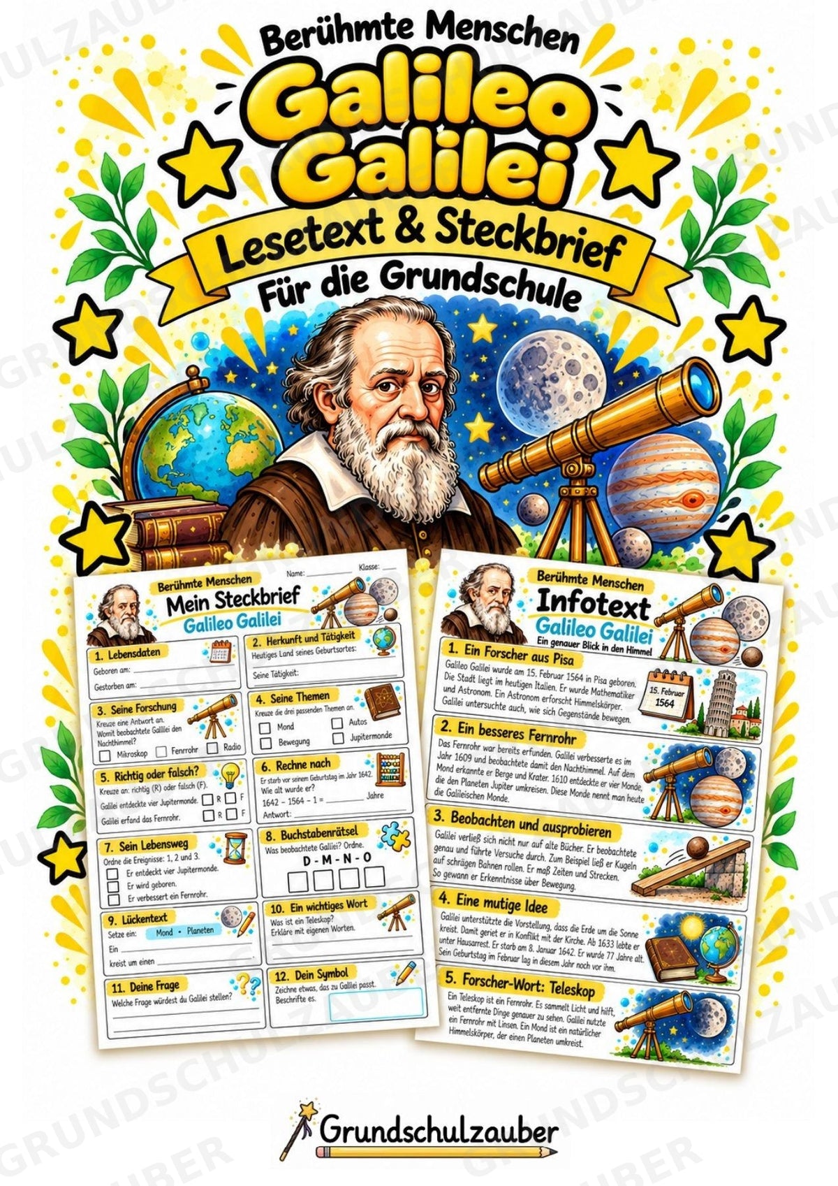 Galileo Galilei – Steckbrief & Infotext für die Grundschule | Berühmte Persönlichkeiten | Sachunterricht – Cover
