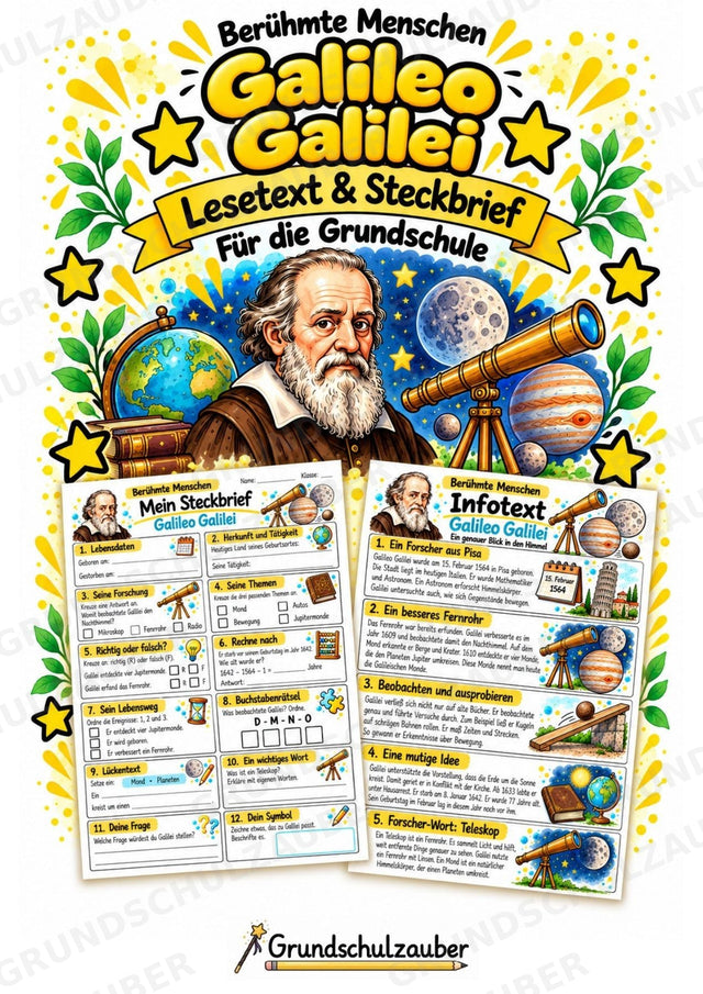 Galileo Galilei – Steckbrief & Infotext für die Grundschule | Berühmte Persönlichkeiten | Sachunterricht – Cover