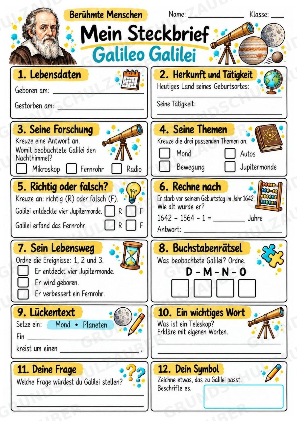 Galileo Galilei – Steckbrief & Infotext für die Grundschule | Berühmte Persönlichkeiten | Sachunterricht – Materialseite 3