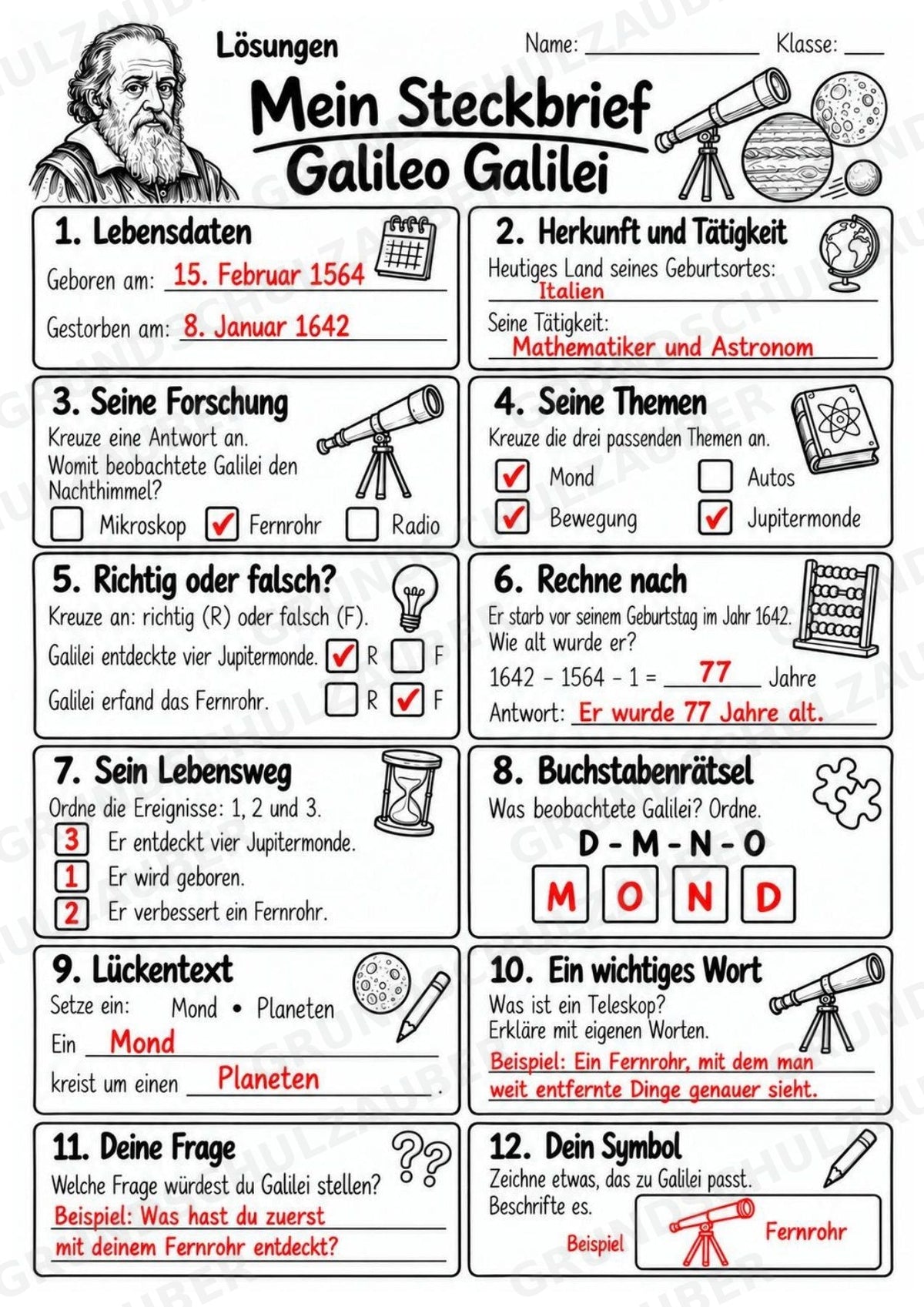Galileo Galilei – Steckbrief & Infotext für die Grundschule | Berühmte Persönlichkeiten | Sachunterricht – Materialseite 5