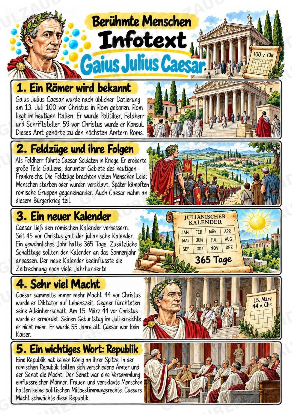 Julius Caesar – Steckbrief & Infotext für die Grundschule | Berühmte Persönlichkeiten | Sachunterricht – Materialseite 2