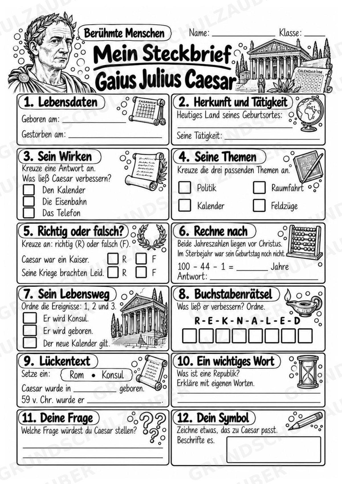 Julius Caesar – Steckbrief & Infotext für die Grundschule | Berühmte Persönlichkeiten | Sachunterricht – Materialseite 4