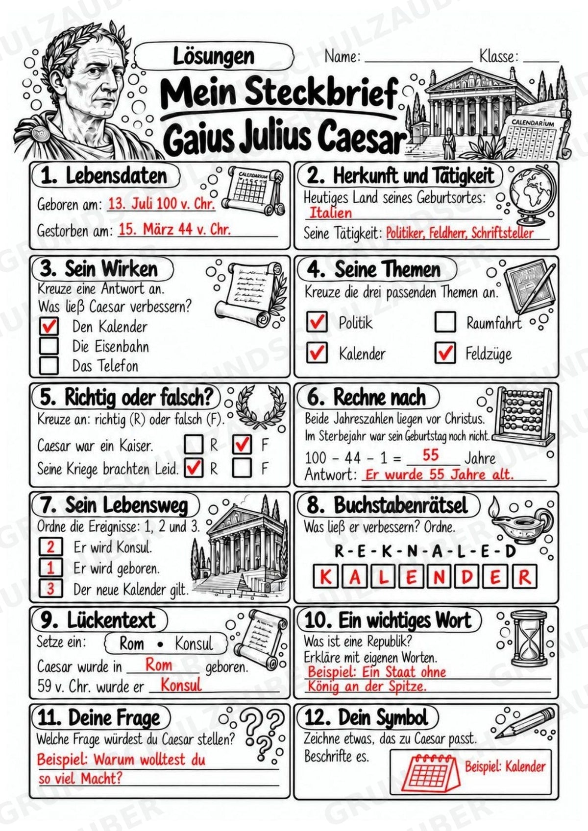 Julius Caesar – Steckbrief & Infotext für die Grundschule | Berühmte Persönlichkeiten | Sachunterricht – Materialseite 5