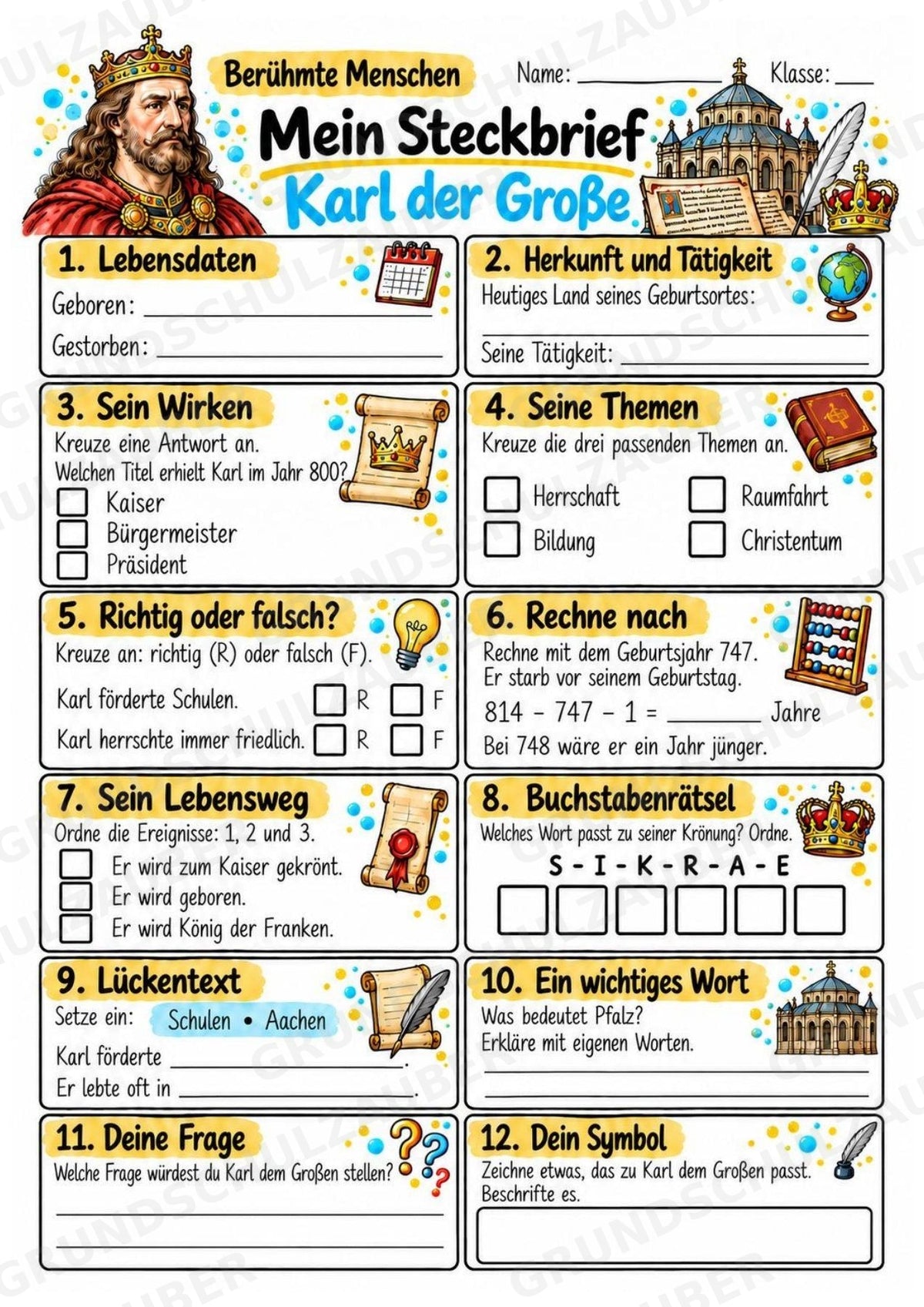Karl der Grosse – Steckbrief & Infotext für die Grundschule | Berühmte Persönlichkeiten | Sachunterricht – Materialseite 3