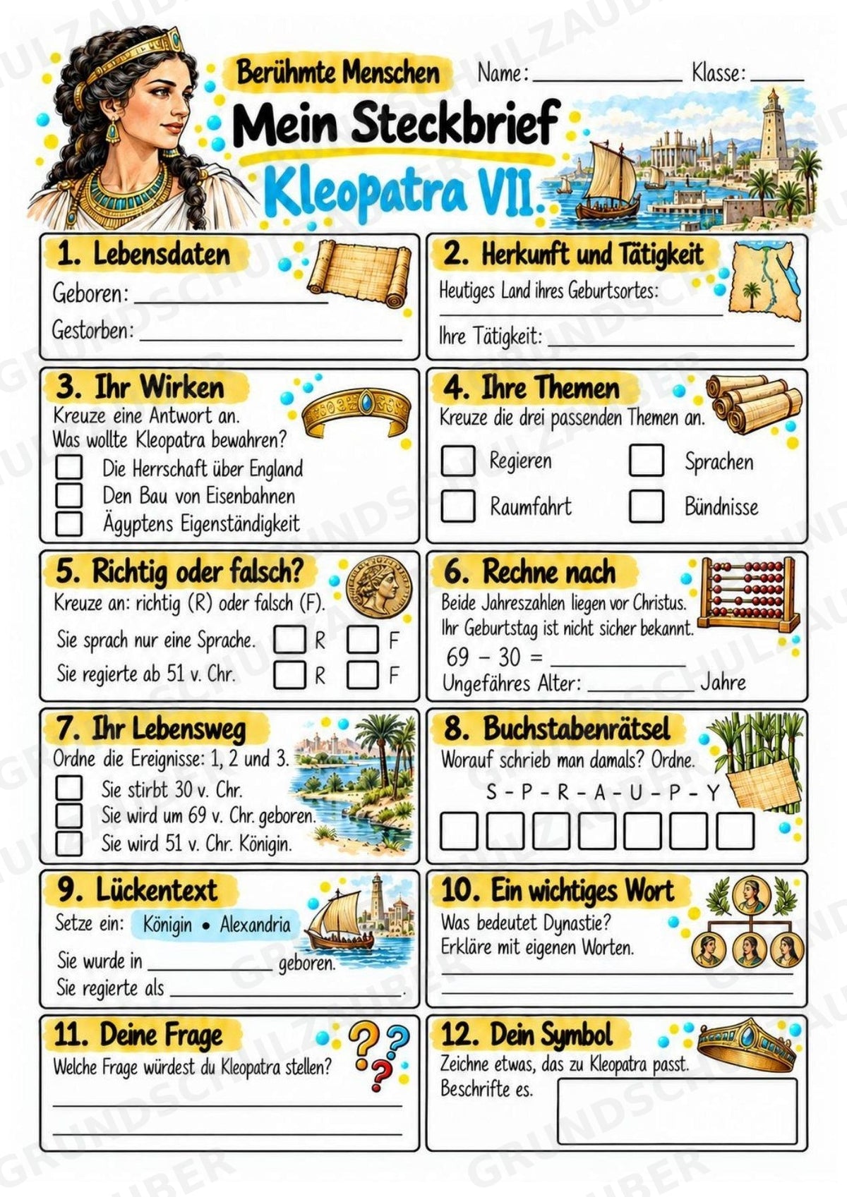 Kleopatra – Steckbrief & Infotext für die Grundschule | Berühmte Persönlichkeiten | Sachunterricht – Materialseite 3