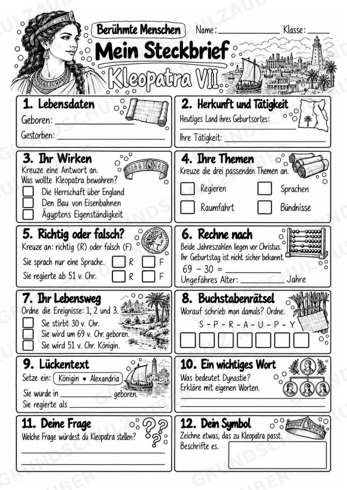 Kleopatra – Steckbrief & Infotext für die Grundschule | Berühmte Persönlichkeiten | Sachunterricht – Materialseite 4