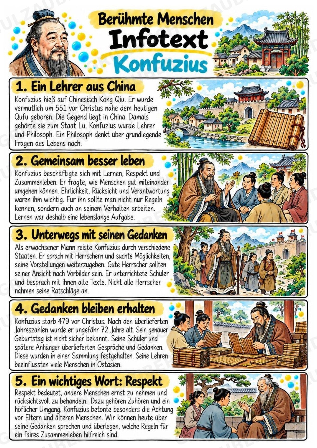 Konfuzius – Steckbrief & Infotext für die Grundschule | Berühmte Persönlichkeiten | Sachunterricht – Materialseite 2