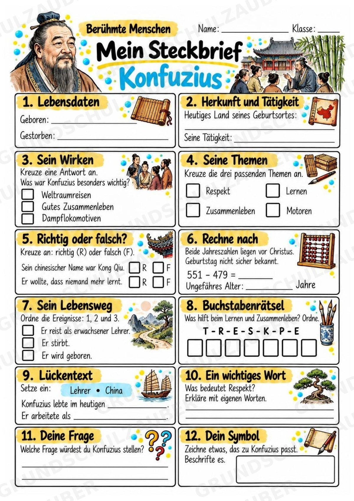 Konfuzius – Steckbrief & Infotext für die Grundschule | Berühmte Persönlichkeiten | Sachunterricht – Materialseite 3