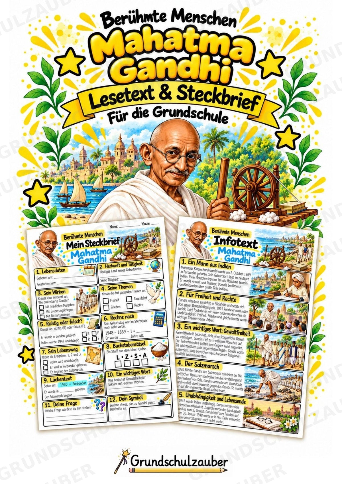 Mahatma Gandhi – Steckbrief & Infotext für die Grundschule | Berühmte Persönlichkeiten | Sachunterricht – Cover