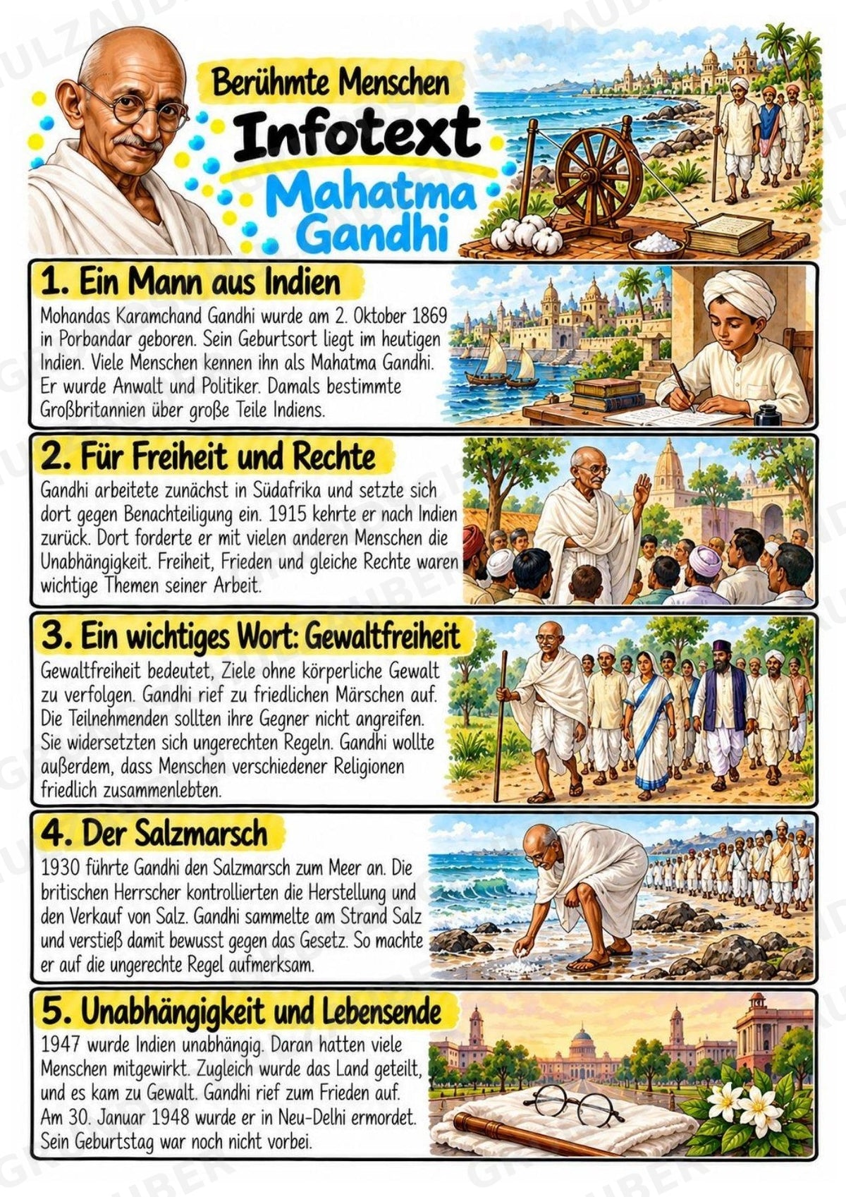 Mahatma Gandhi – Steckbrief & Infotext für die Grundschule | Berühmte Persönlichkeiten | Sachunterricht – Materialseite 2