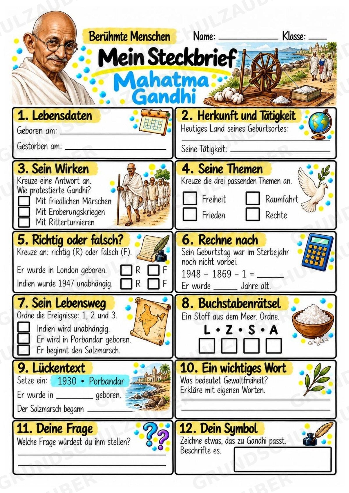 Mahatma Gandhi – Steckbrief & Infotext für die Grundschule | Berühmte Persönlichkeiten | Sachunterricht – Materialseite 3