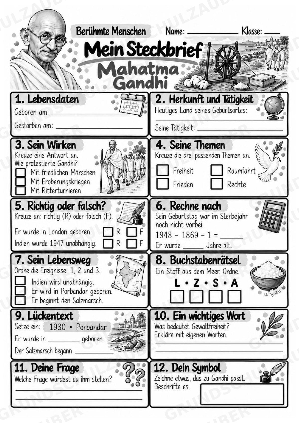 Mahatma Gandhi – Steckbrief & Infotext für die Grundschule | Berühmte Persönlichkeiten | Sachunterricht – Materialseite 4