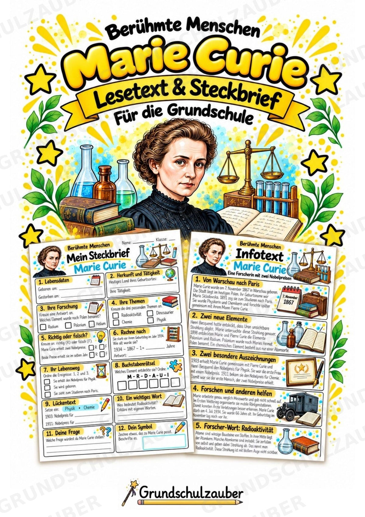 Marie Curie – Steckbrief & Infotext für die Grundschule | Berühmte Persönlichkeiten | Sachunterricht – Cover