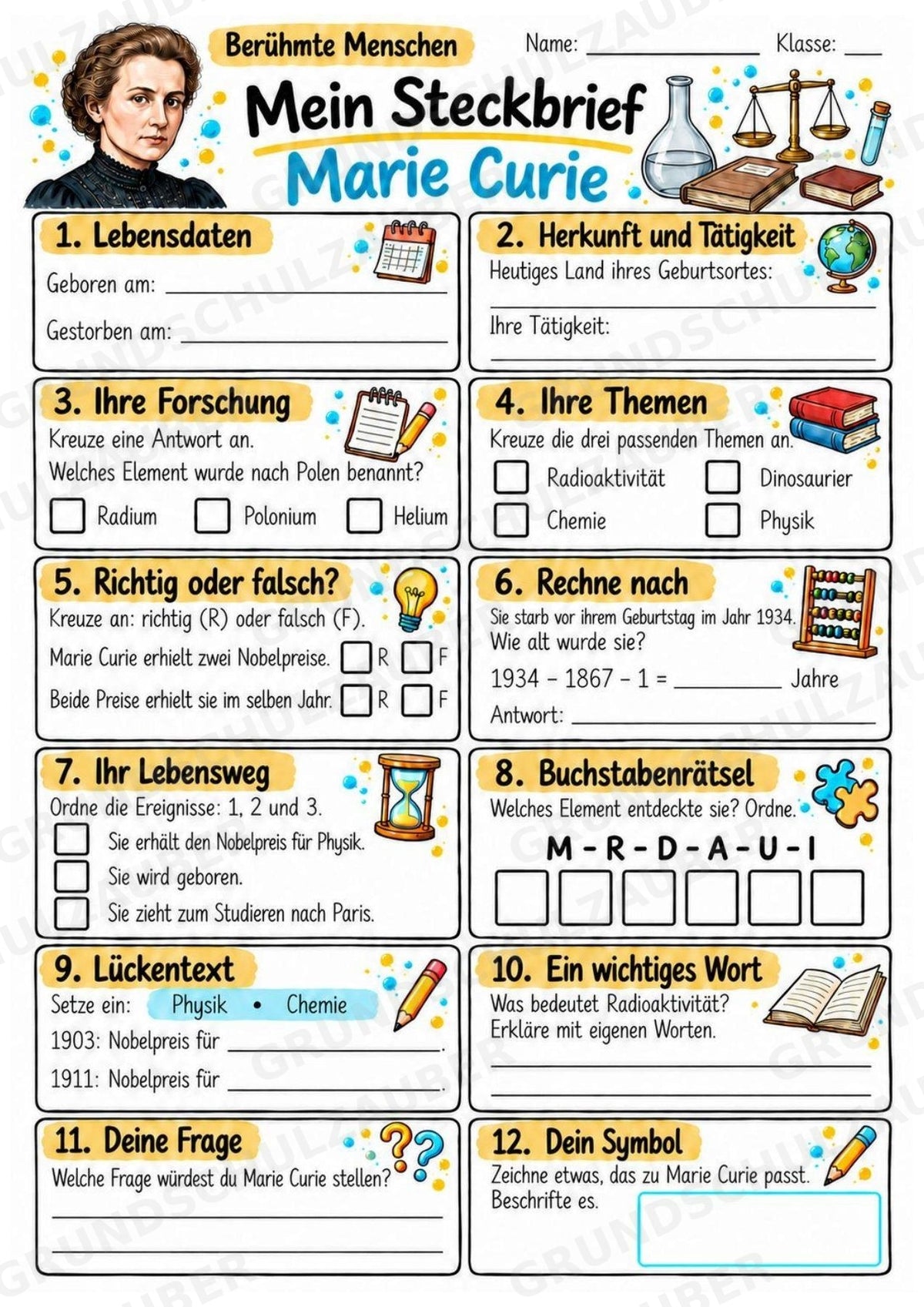Marie Curie – Steckbrief & Infotext für die Grundschule | Berühmte Persönlichkeiten | Sachunterricht – Materialseite 3