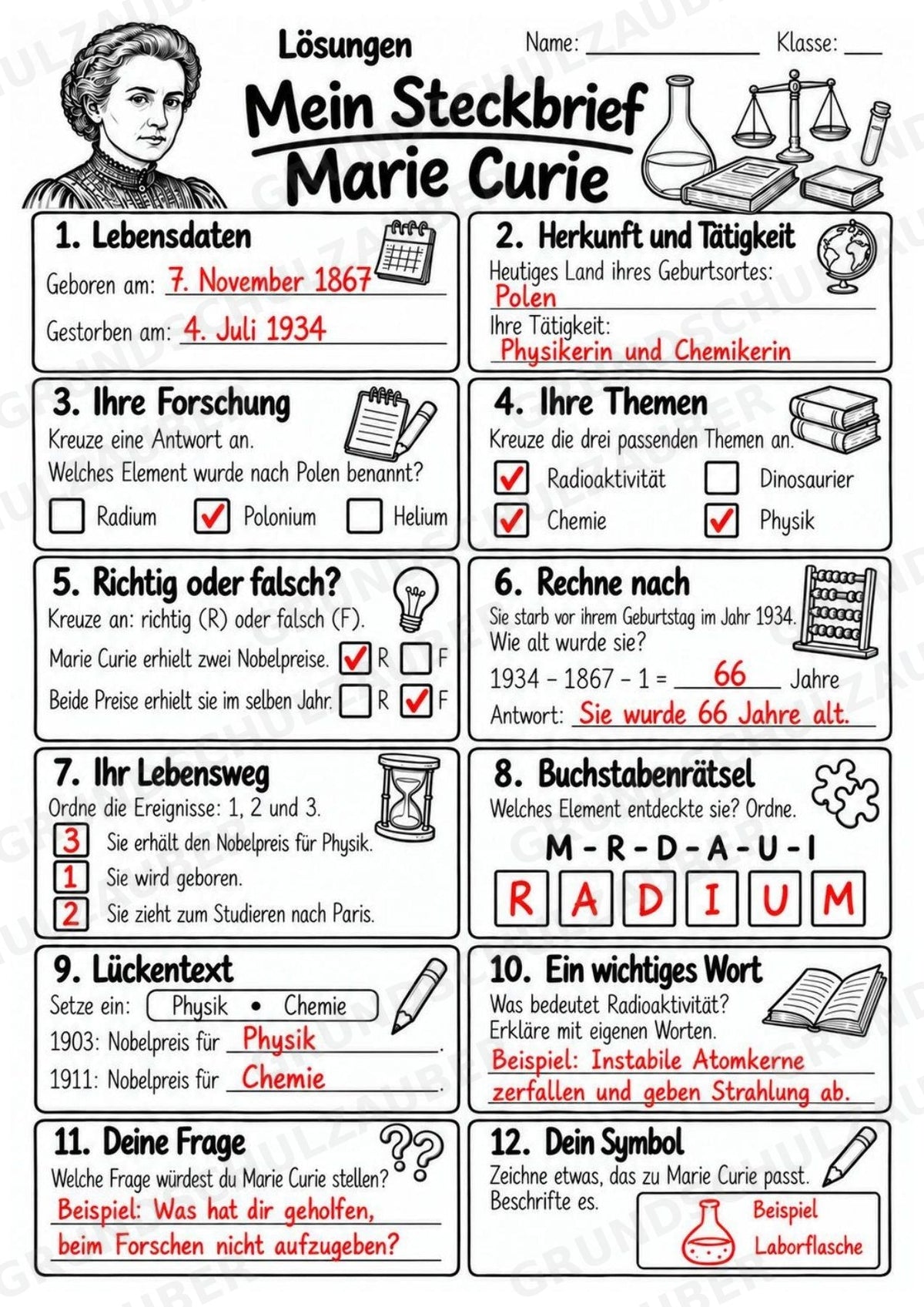 Marie Curie – Steckbrief & Infotext für die Grundschule | Berühmte Persönlichkeiten | Sachunterricht – Materialseite 5