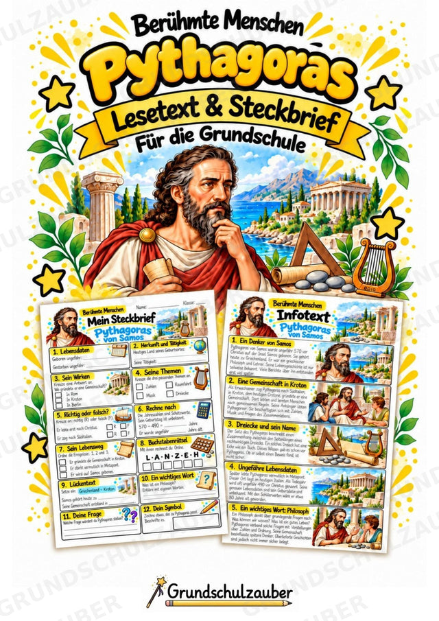 Pythagoras – Steckbrief & Infotext für die Grundschule | Berühmte Persönlichkeiten | Sachunterricht – Cover