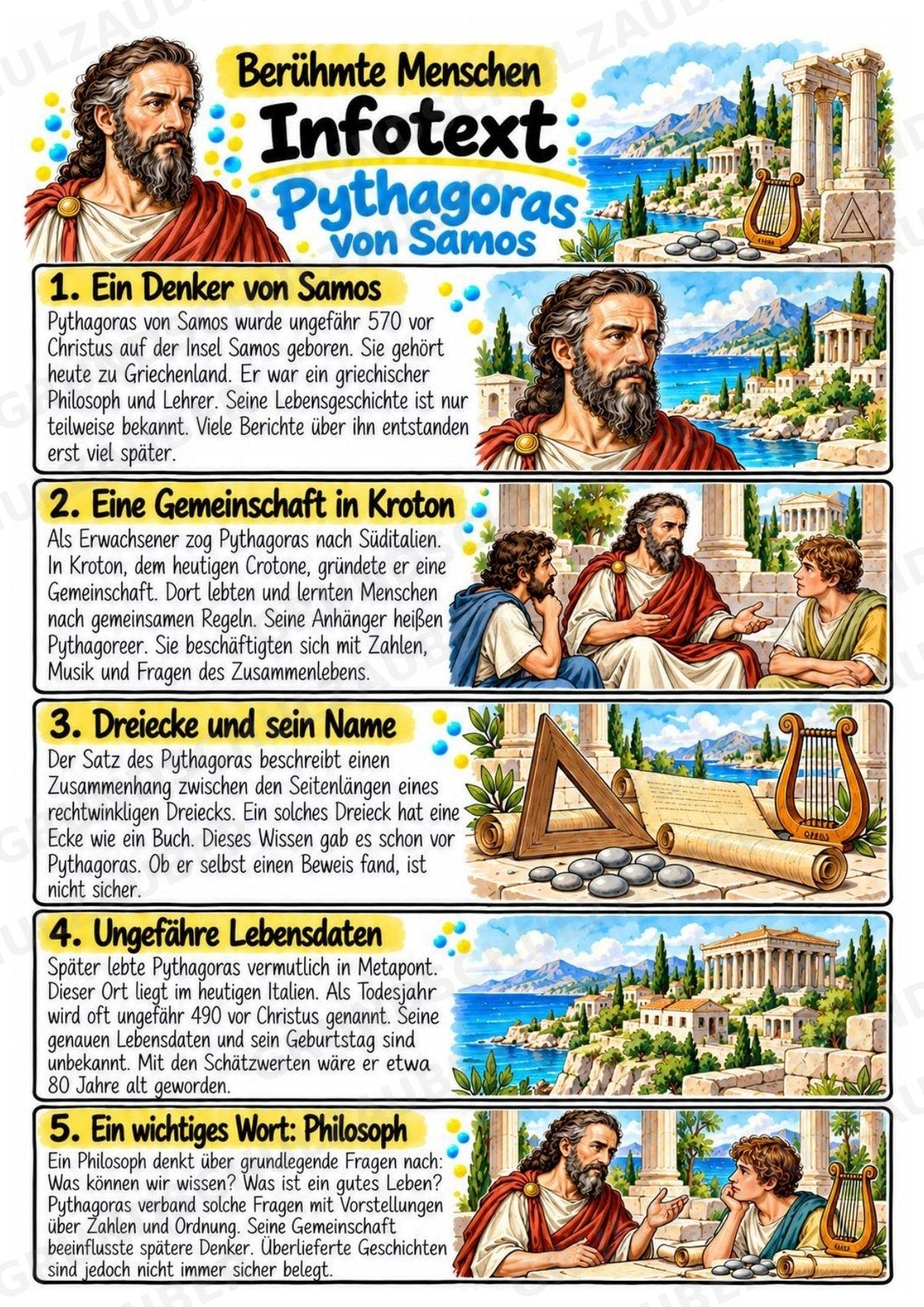 Pythagoras – Steckbrief & Infotext für die Grundschule | Berühmte Persönlichkeiten | Sachunterricht – Materialseite 2