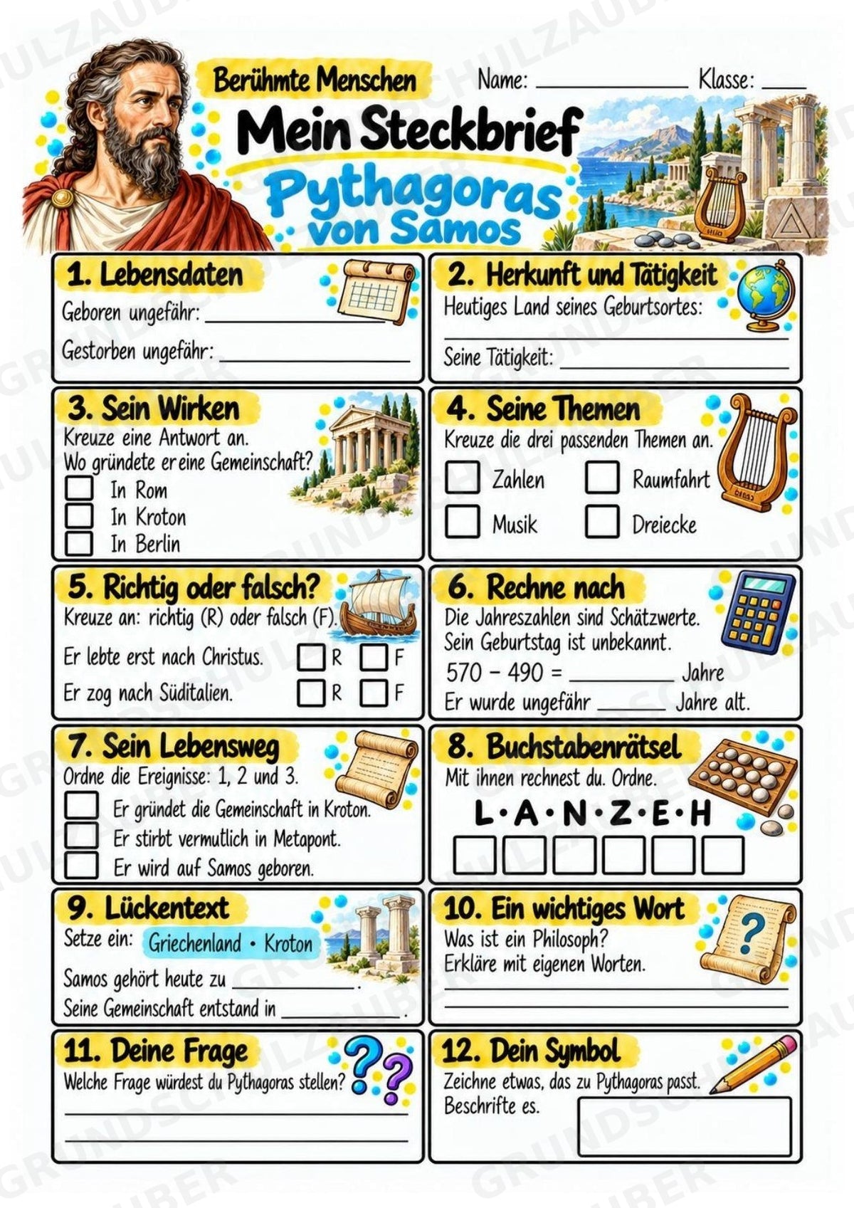 Pythagoras – Steckbrief & Infotext für die Grundschule | Berühmte Persönlichkeiten | Sachunterricht – Materialseite 3