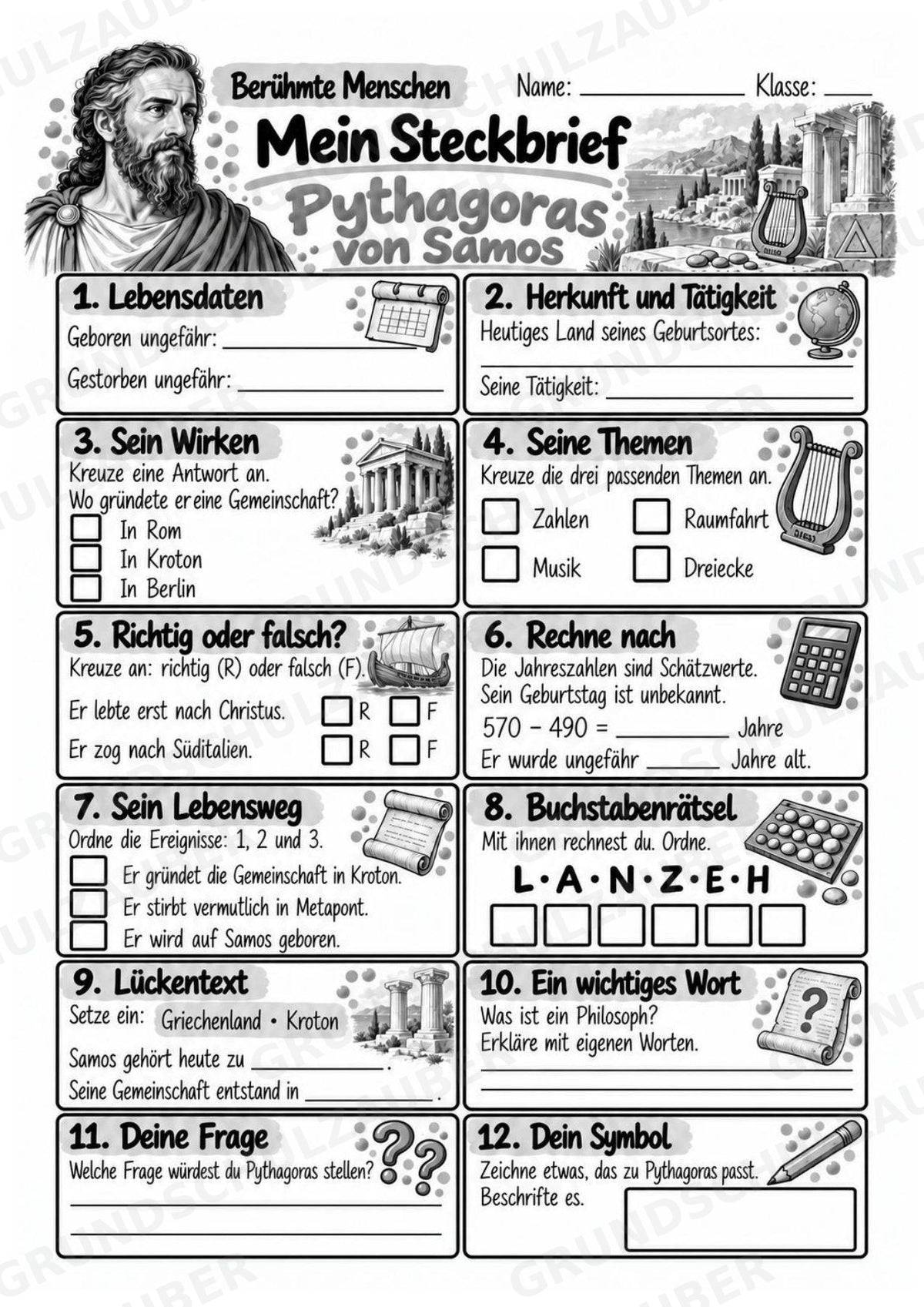 Pythagoras – Steckbrief & Infotext für die Grundschule | Berühmte Persönlichkeiten | Sachunterricht – Materialseite 4