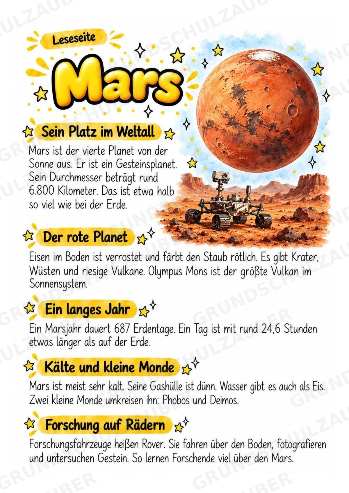 Mars – Steckbrief und Lesetext | Planeten & Sonnensystem für die Grundschule – Materialseite 2