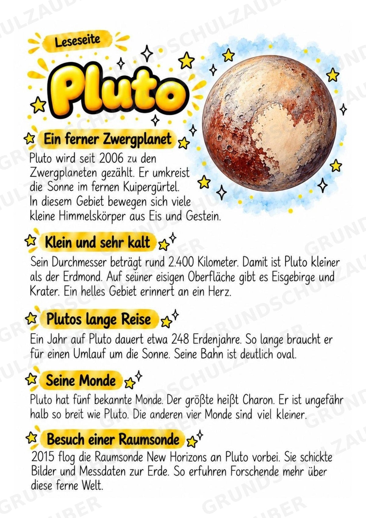 Pluto – Steckbrief und Lesetext | Planeten & Sonnensystem für die Grundschule – Materialseite 2