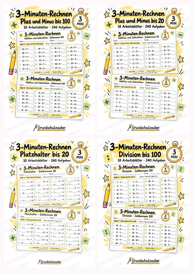 3-Minuten-Rechnen Paket | 60 Arbeitsblätter: Kopfrechnen, Plus, Minus, Einmaleins & Division im Zahlenraum 20 und 100 – Klasse 1–3 – BUNDLE Paketcover