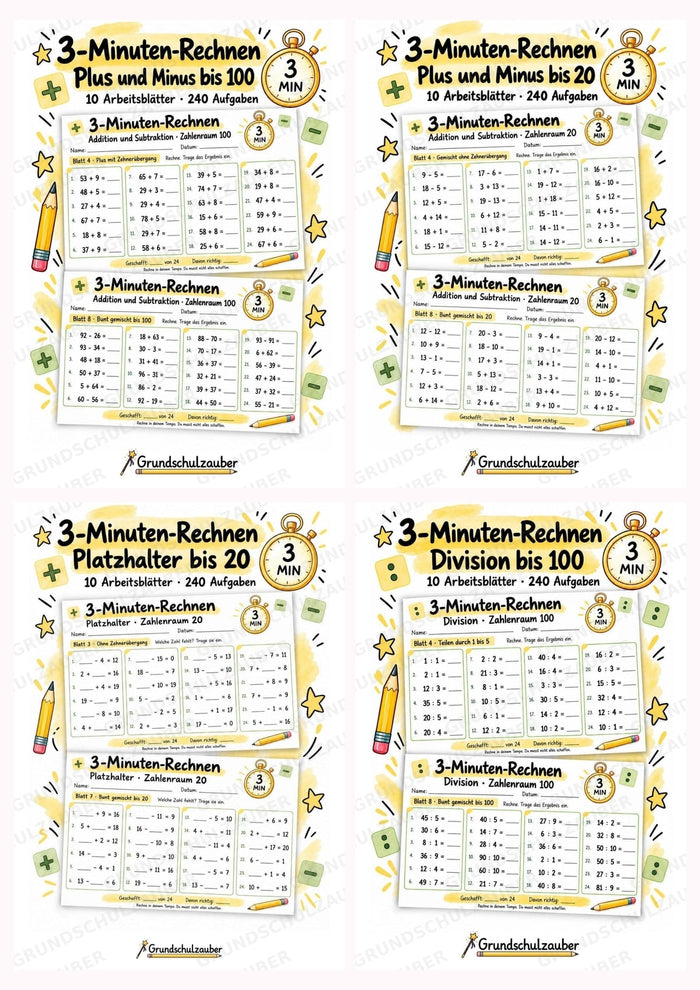 3-Minuten-Rechnen Paket | 60 Arbeitsblätter: Kopfrechnen, Plus, Minus, Einmaleins & Division im Zahlenraum 20 und 100 – Klasse 1–3