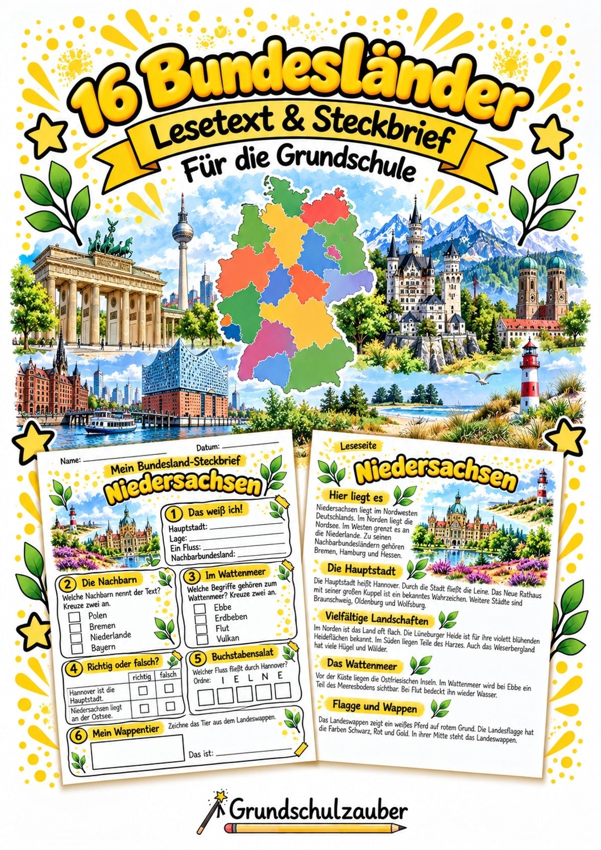 16 Bundesländer Deutschlands – Lesetexte & Steckbriefe | Erdkunde Grundschule – BUNDLE Paketcover